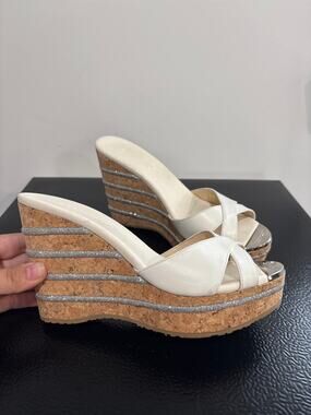 Jimmy Choo Leather Glitter Platform Sandals White EU 37.5 US 7.5